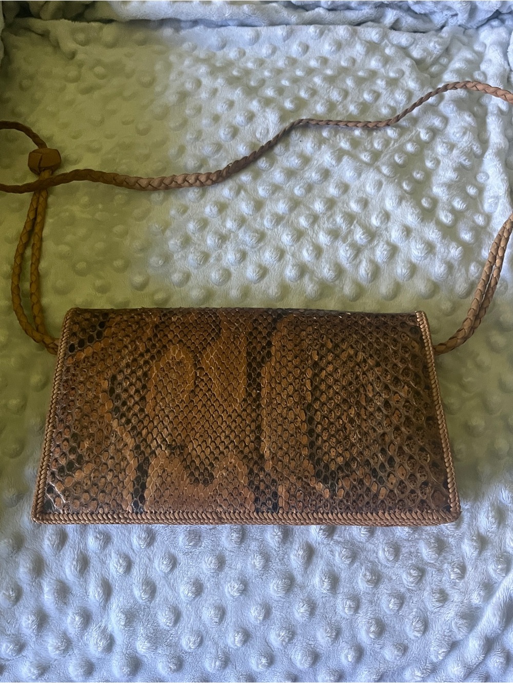 Brown Snake-Embossed Leather Wristlet Clutch